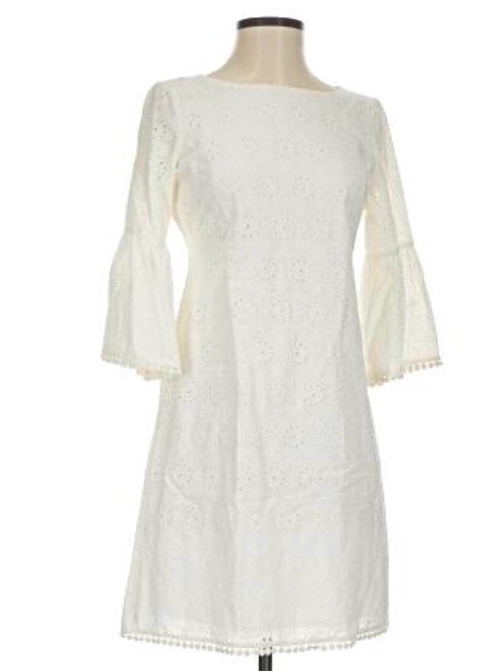 Jessica Howard Cotton Bell-Sleeve Embroidered Lined Dress Ivory Size 10 Petite